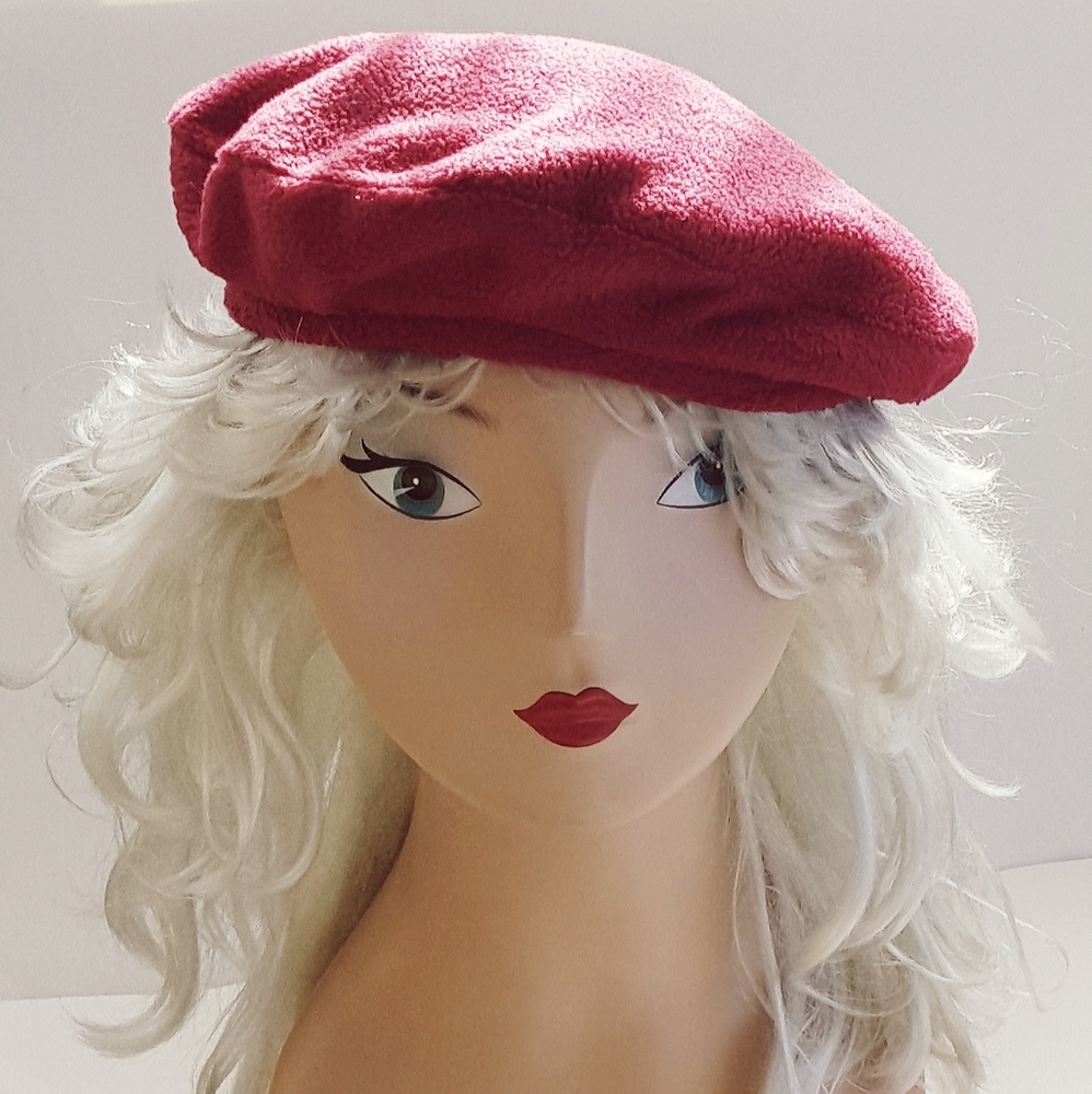 Beret Burgundy Fleece Soft Warm Small Hand Made